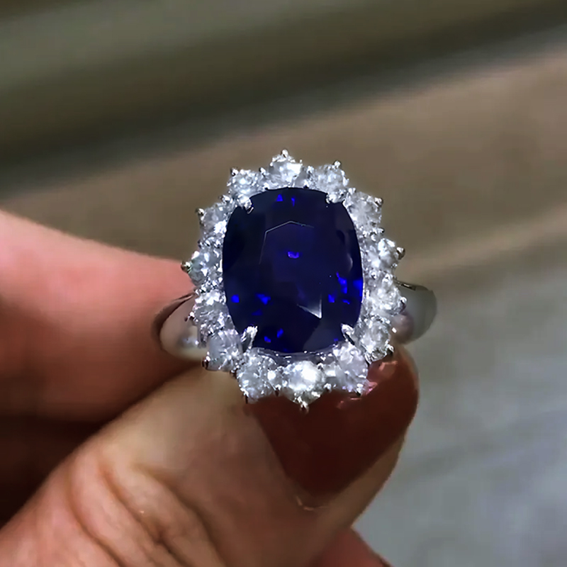 6ct  Halo Cushion Cut Blue Sapphire Engagement Ring