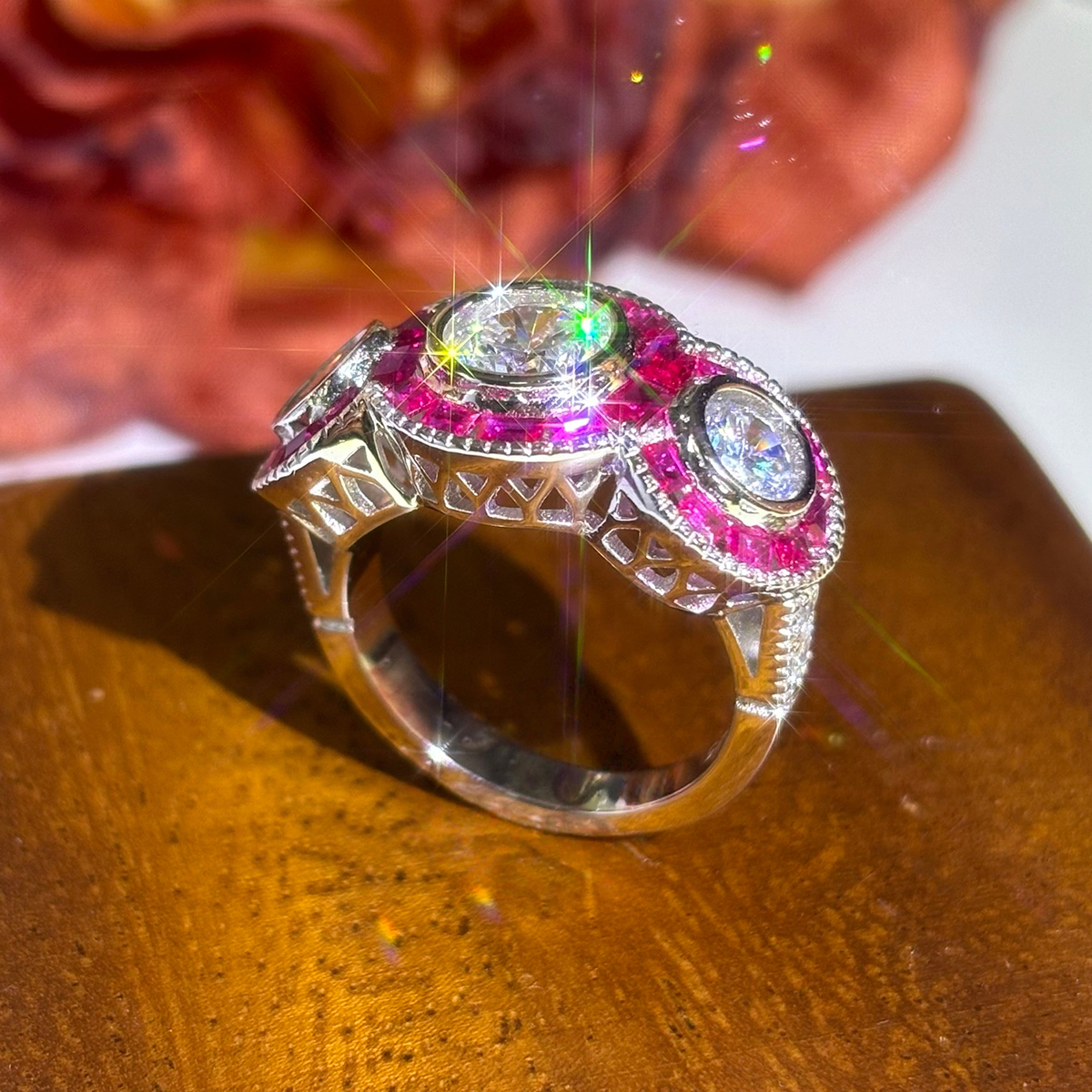 Art Deco Ruby Halo 5ct Round Cut White Sapphire Three Stone Ring