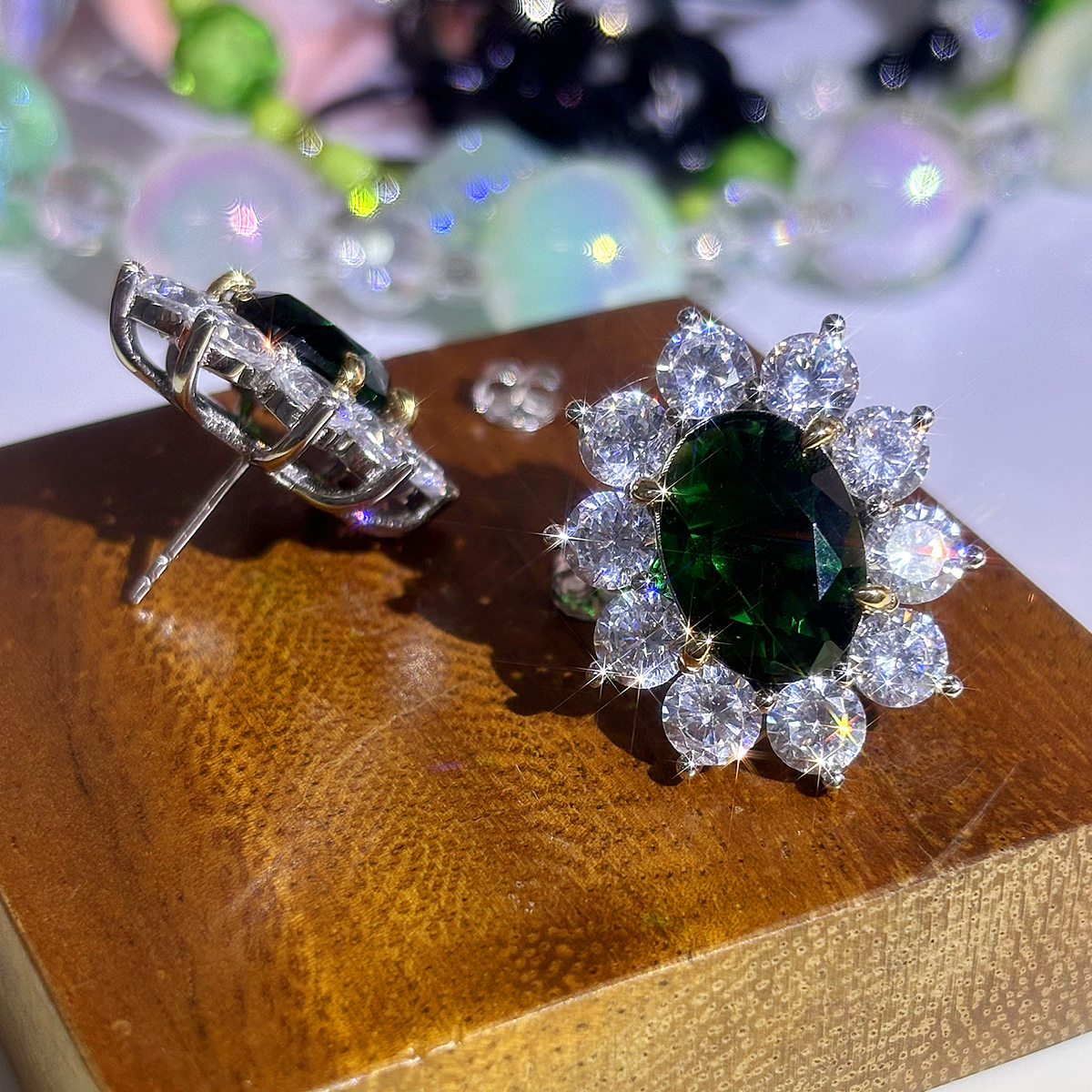 Halo Oval Cut Emerald Green Sapphire Stud Earrings