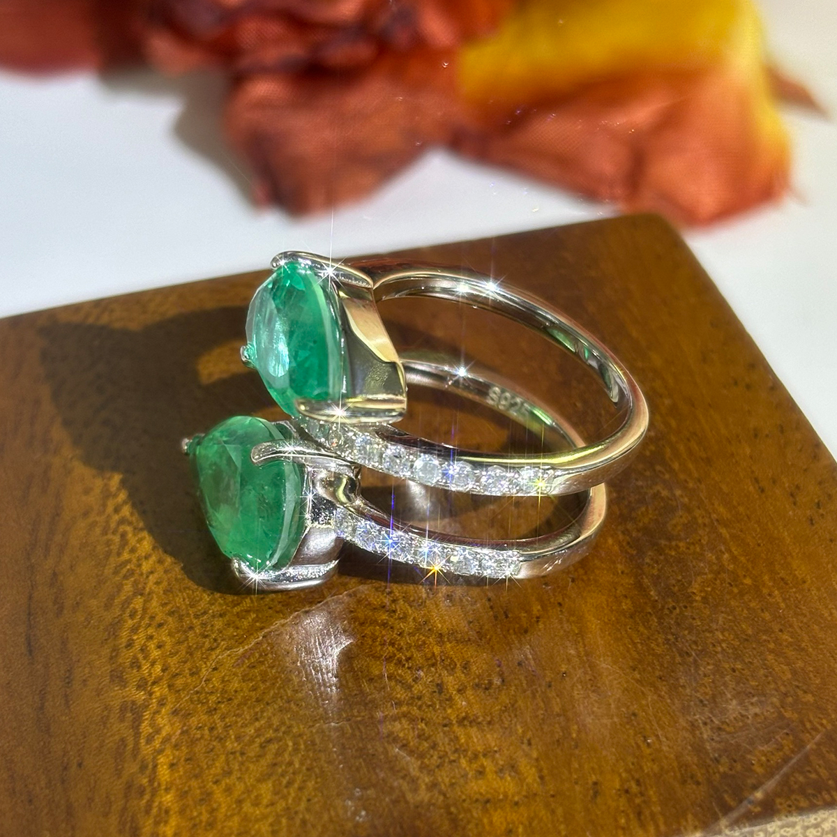 4.55ct Double-stone  Pear Cut Green Sapphire Ring