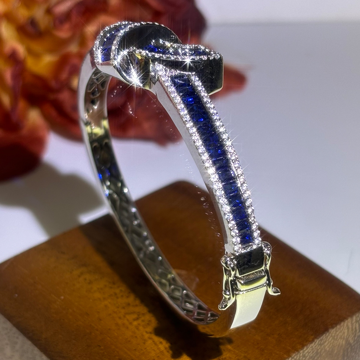 Diamond and Blue Sapphire Baguette Embrace Bangle Bracelet 