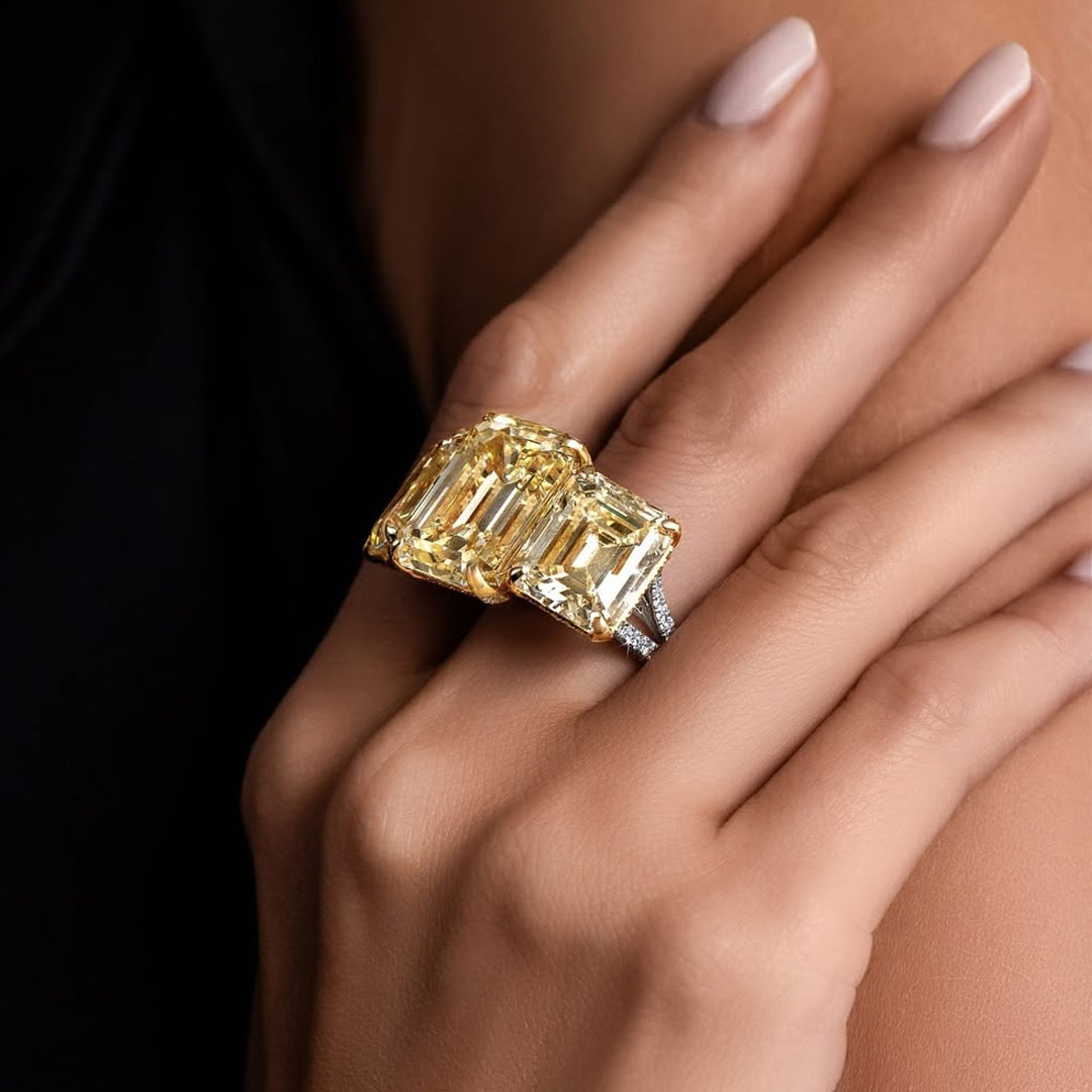 7ct Three Stone Emerald Cut Yellow Sapphire Engagement Ring