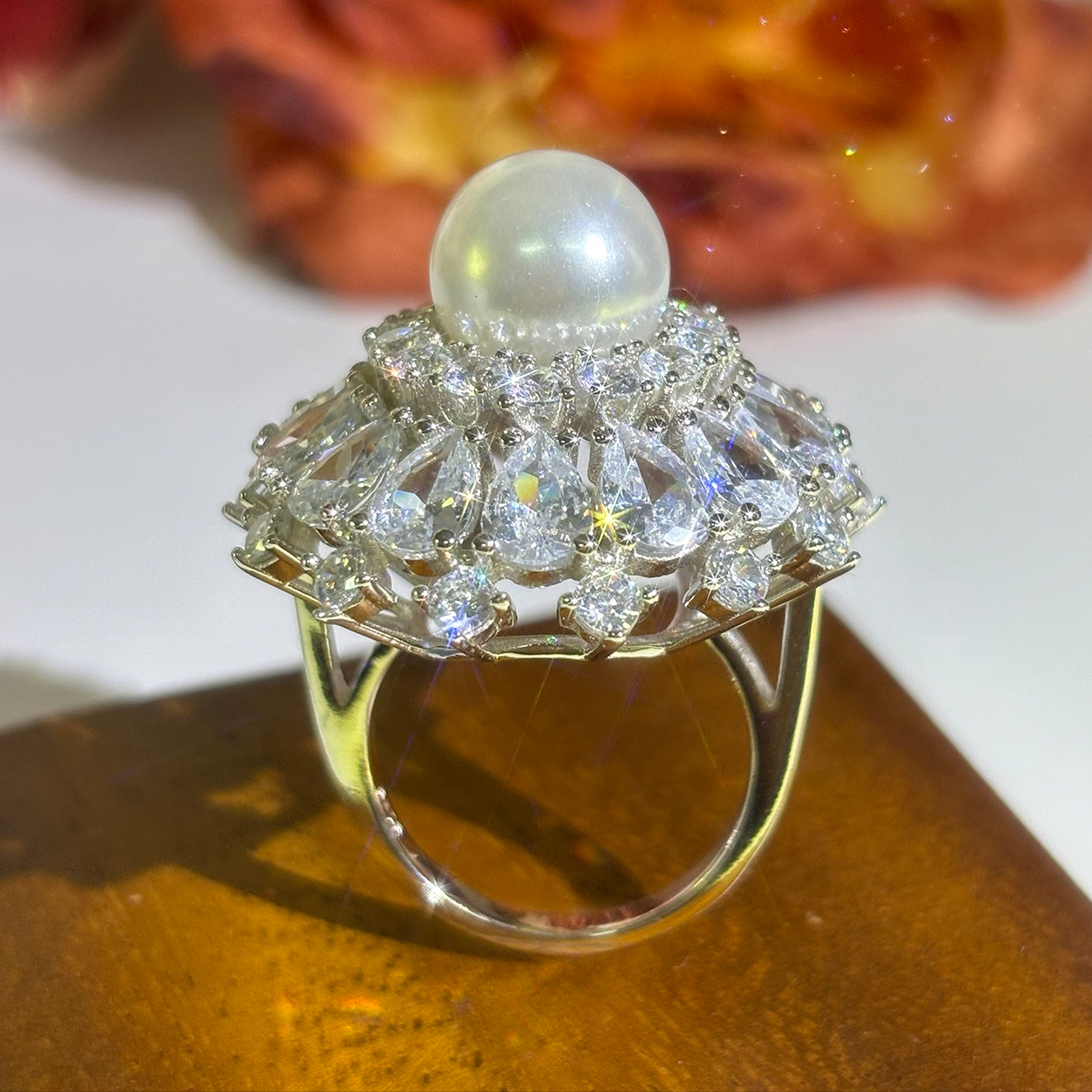 12mm Pearl Pear&Round Cut White Sapphire Cocktail Ring