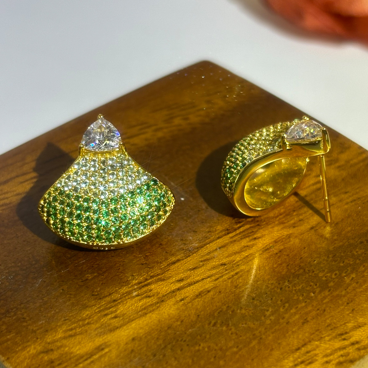 Fan Shape Gradient Emerald Sapphire Pave Stud Earrings