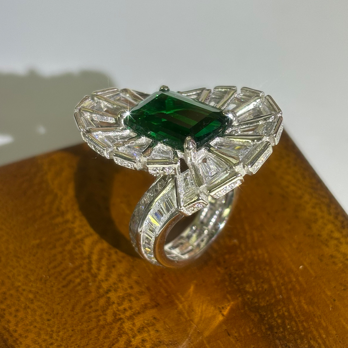 4ct Spiral Design Emerald Cut Emerald Sapphire Ring