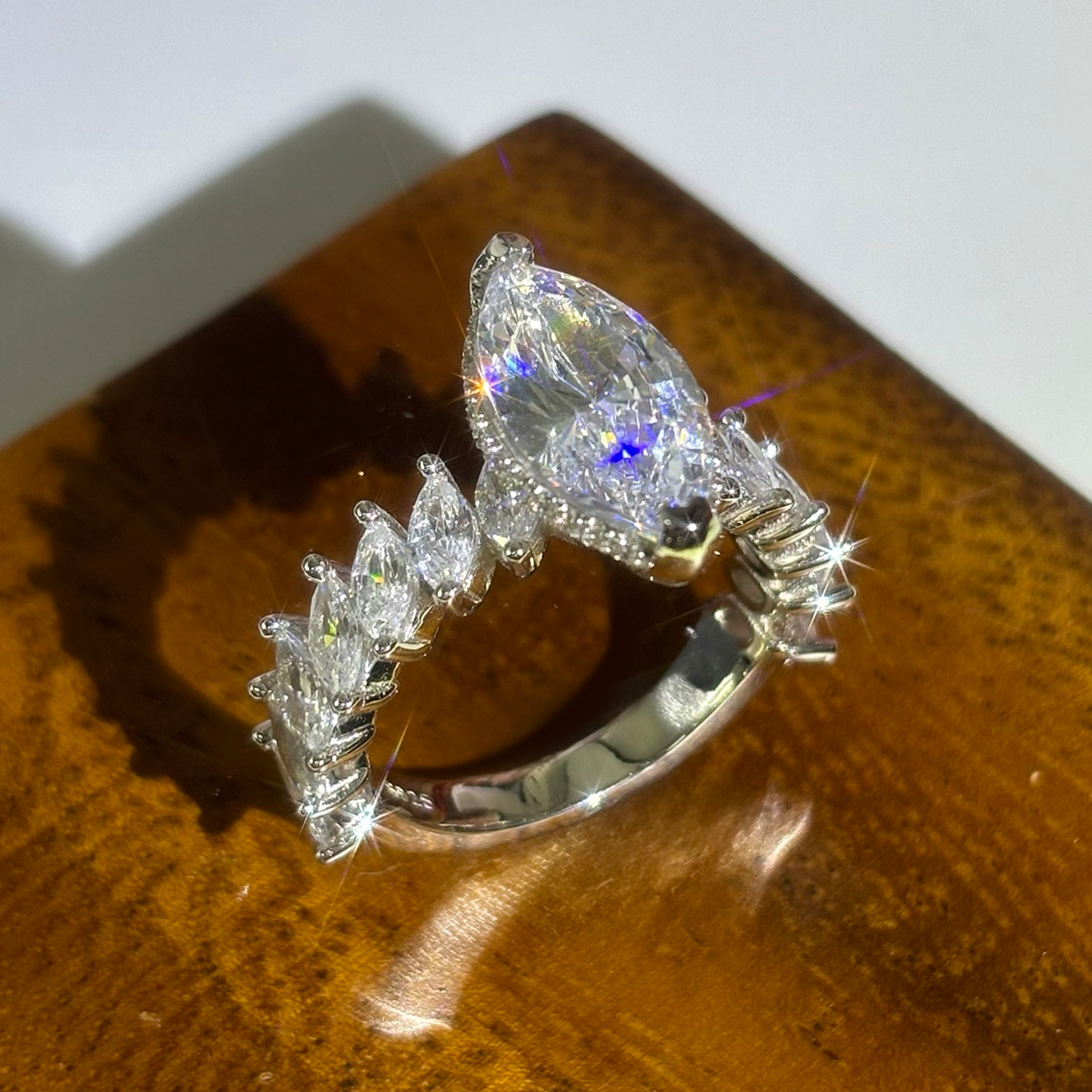 4ct Marquise Cut White Sapphire Diamond Accented Engagement Ring