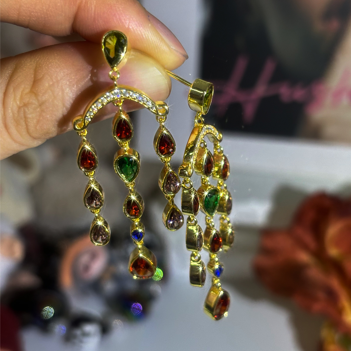 Lios Waterfall Design Pear Cut Gemstone Drop Earrings