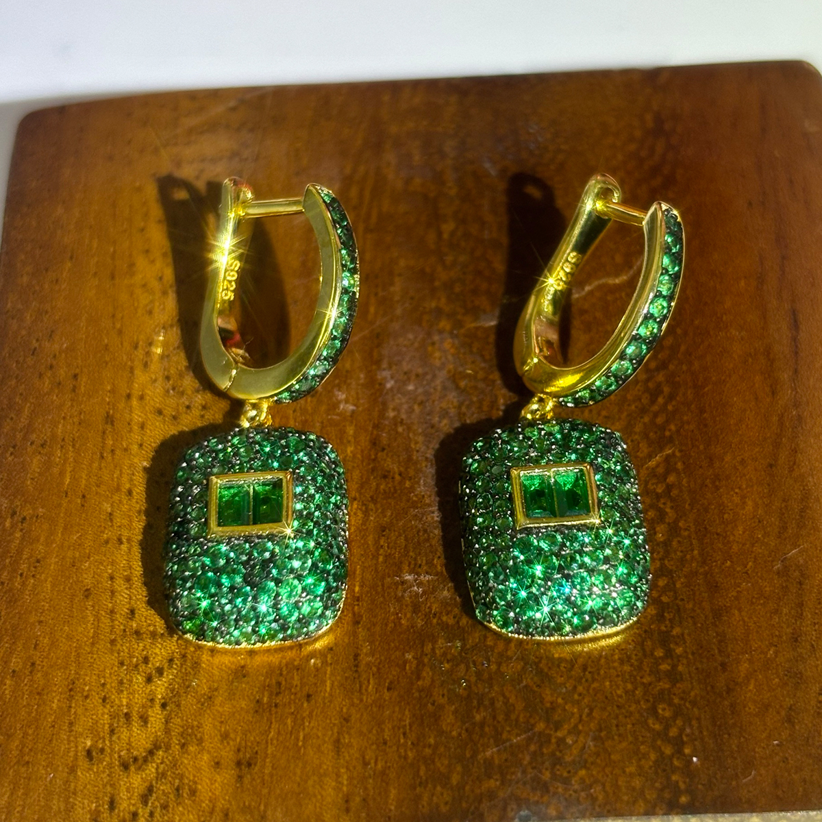 Micro Pave Setting Emerald Sapphire Dangle Earrings