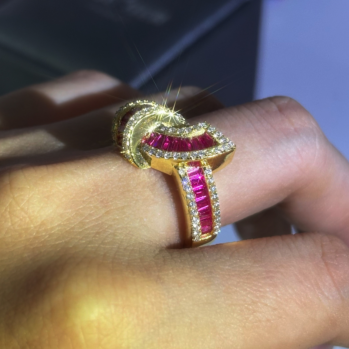 Knot Design 1.75ct Emerald Cut Ruby Wedding Band