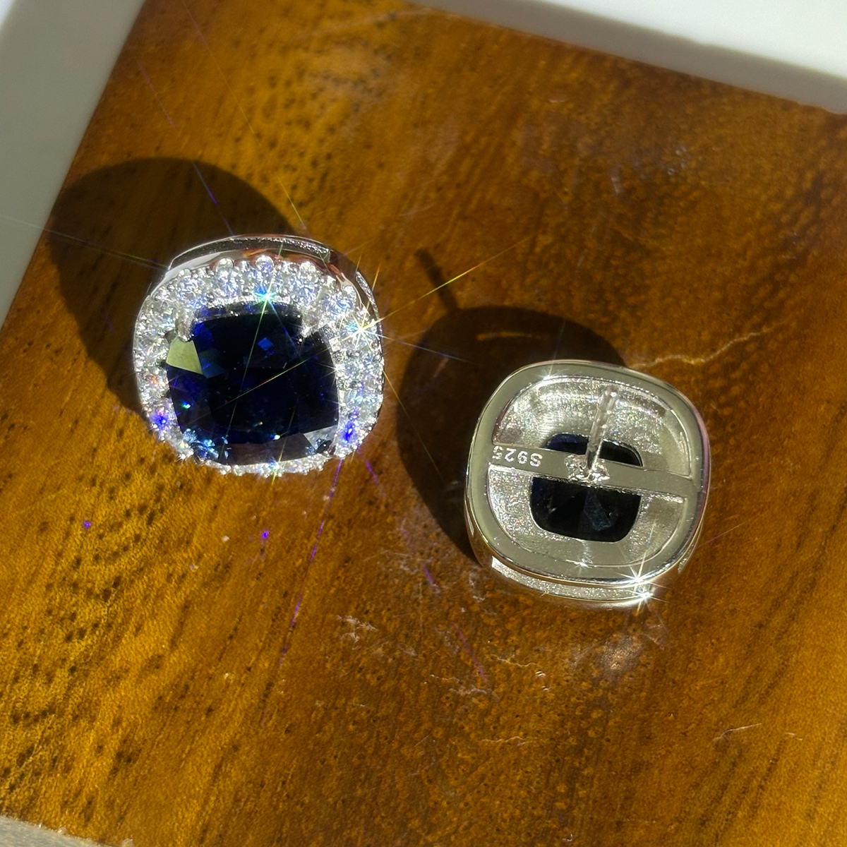 Blue Sapphire Cushion Cut Halo Stud Earrings