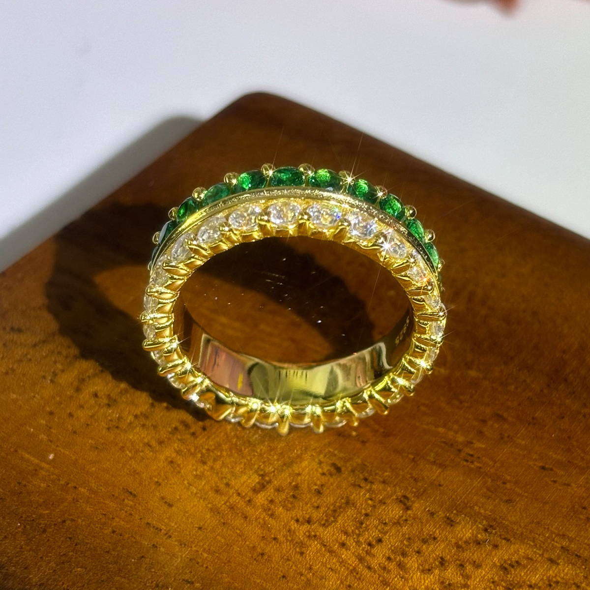 Emerald & White Sapphire Round Cut Two Color Band