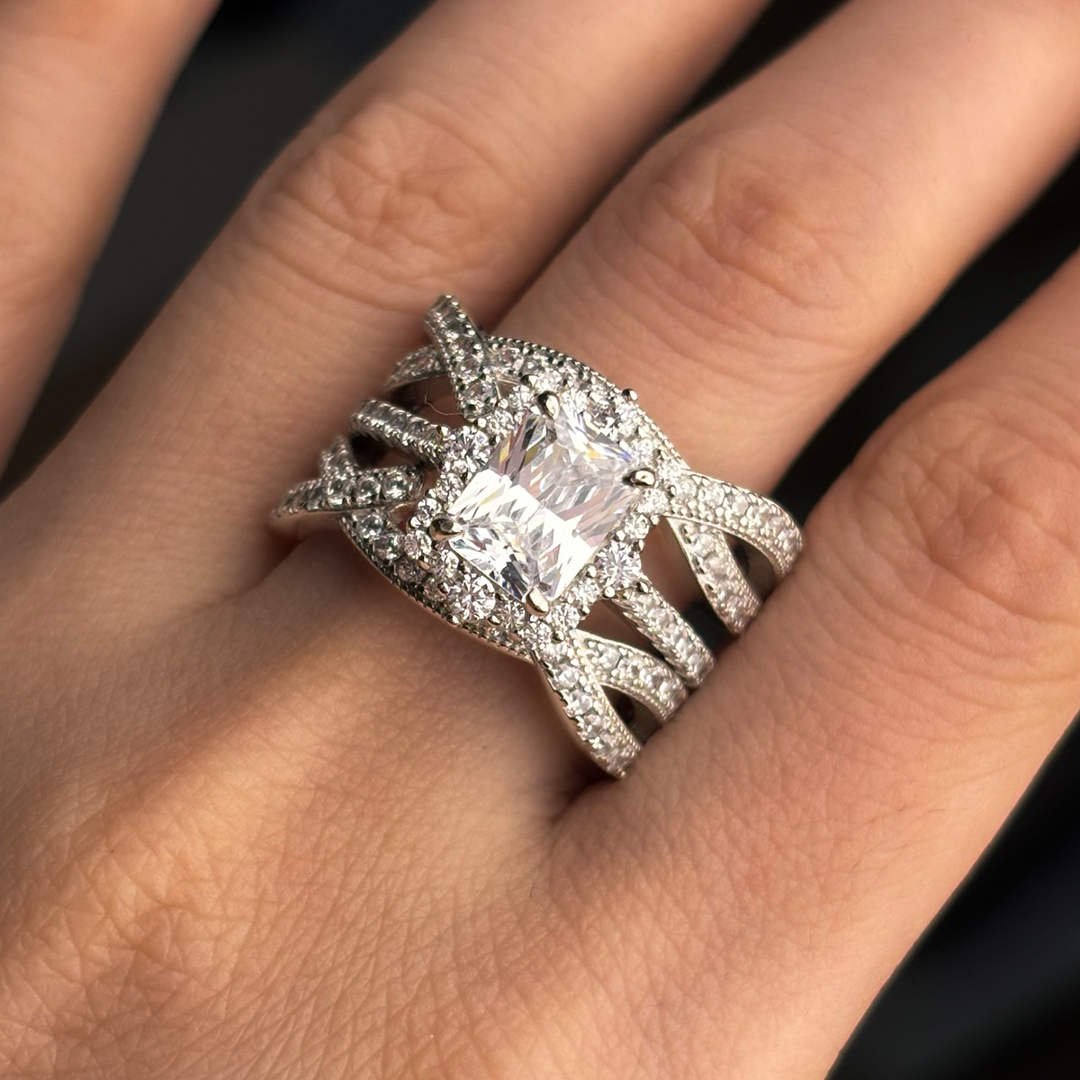 Radiant Cut Ring With Halo Diamond Matching Double Twisted Pave Set Wrap Enhancer Band / 2pcs