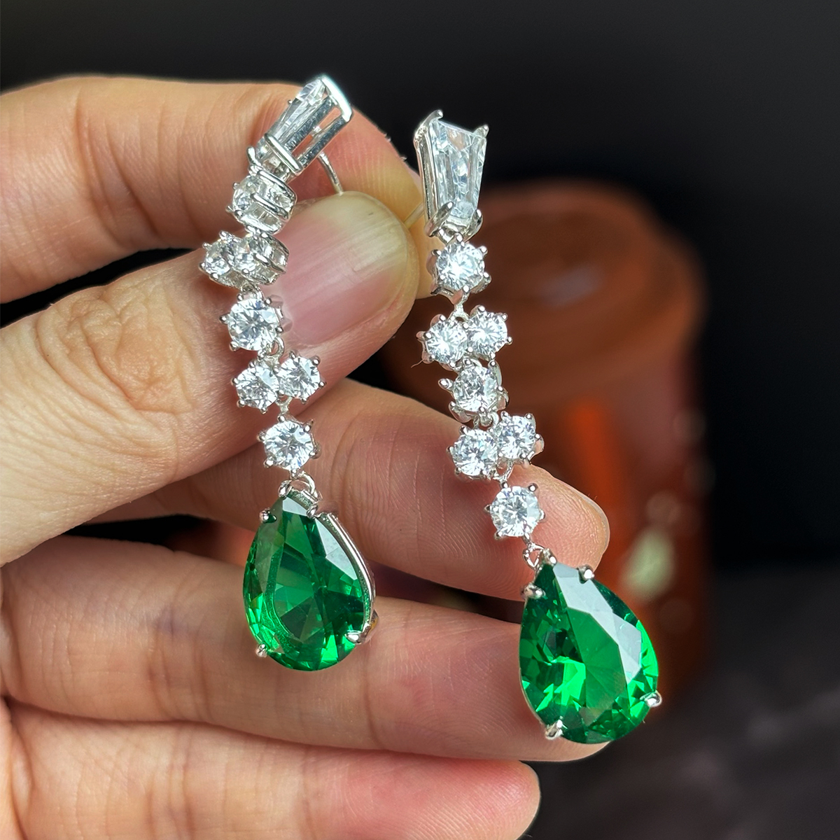 Two Tone White&Emerald Sapphire Drop Earrings