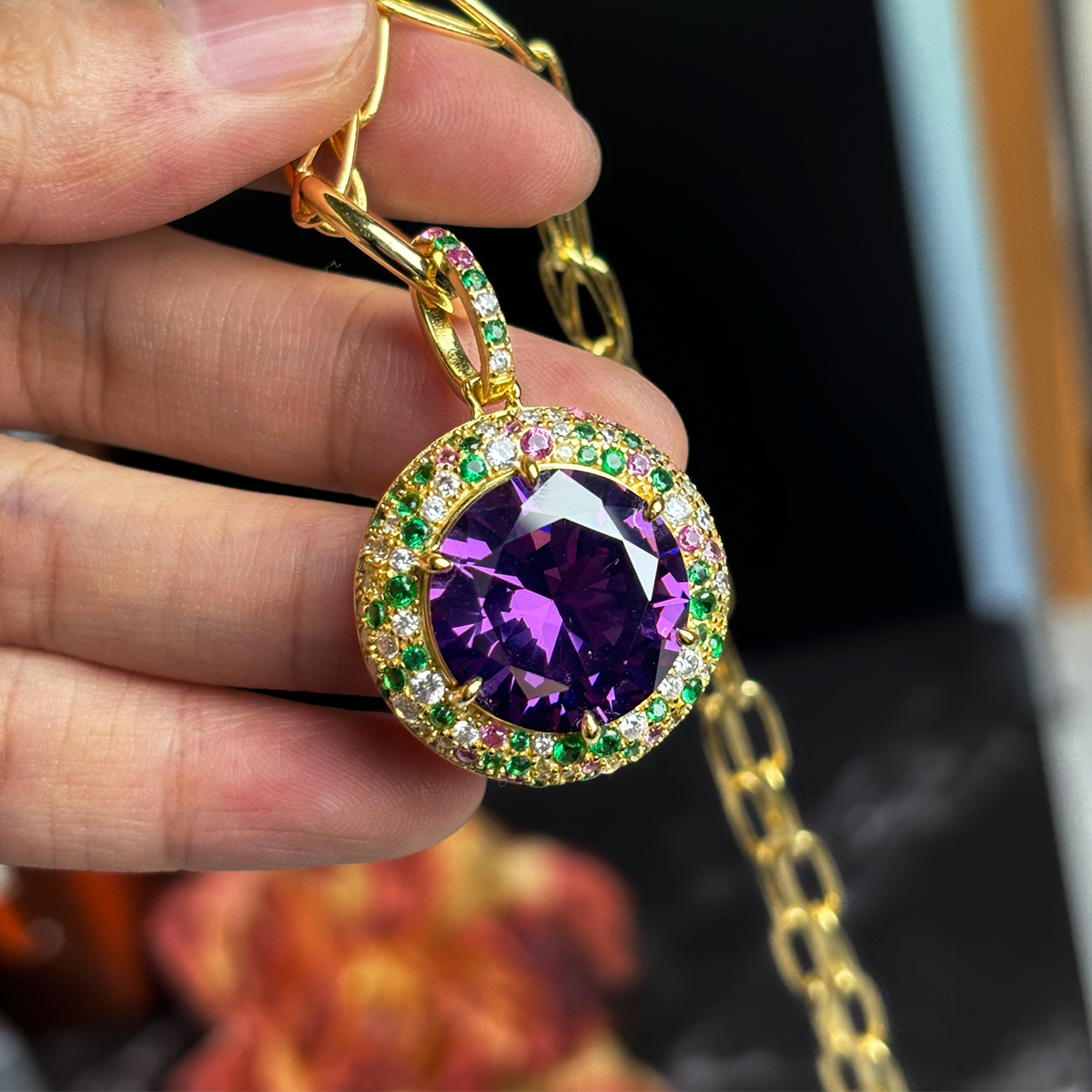 Round Cut Purple Sapphire Halo Pendant Necklace