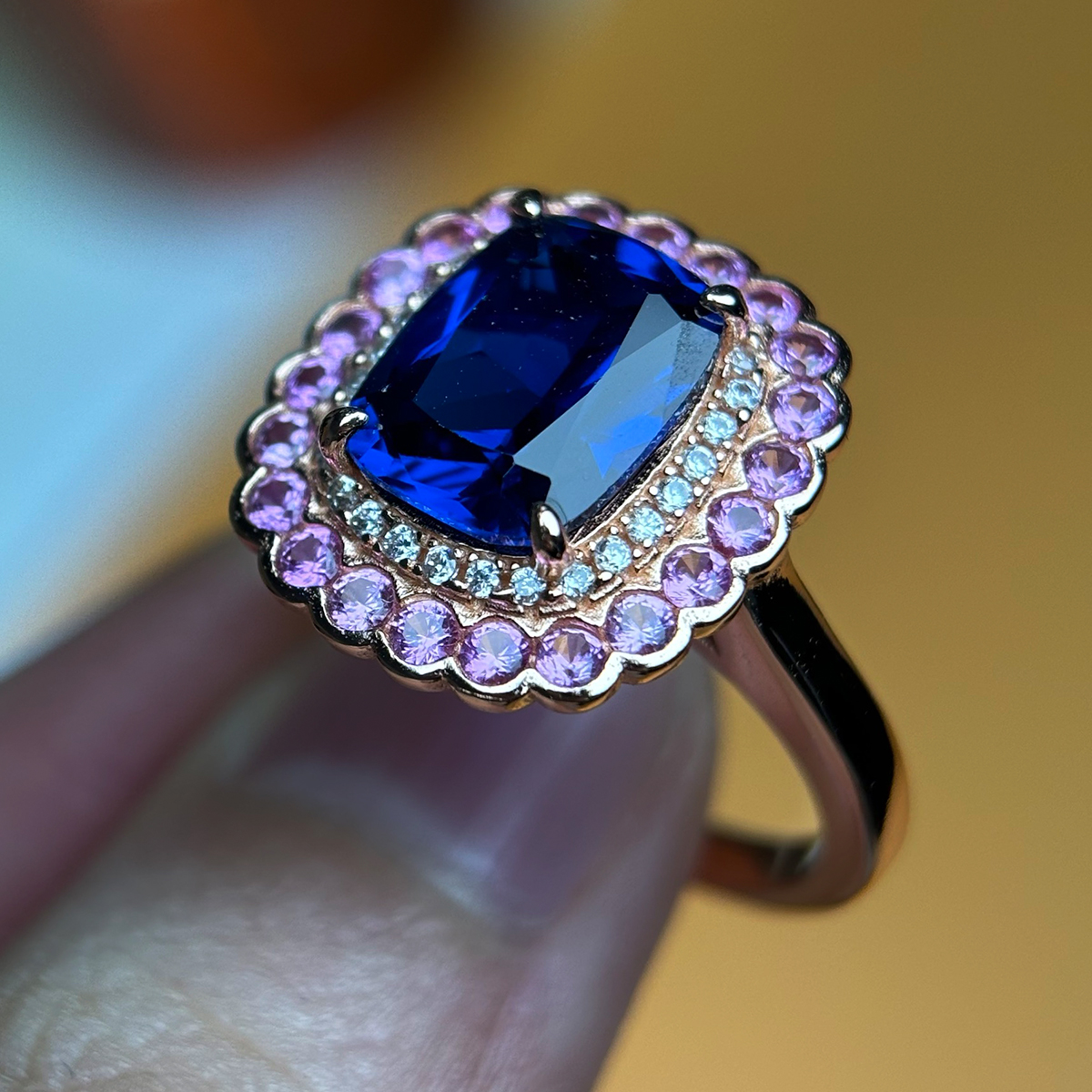 Double Halo 4ct Cushion Cut Blue Sapphire Ring