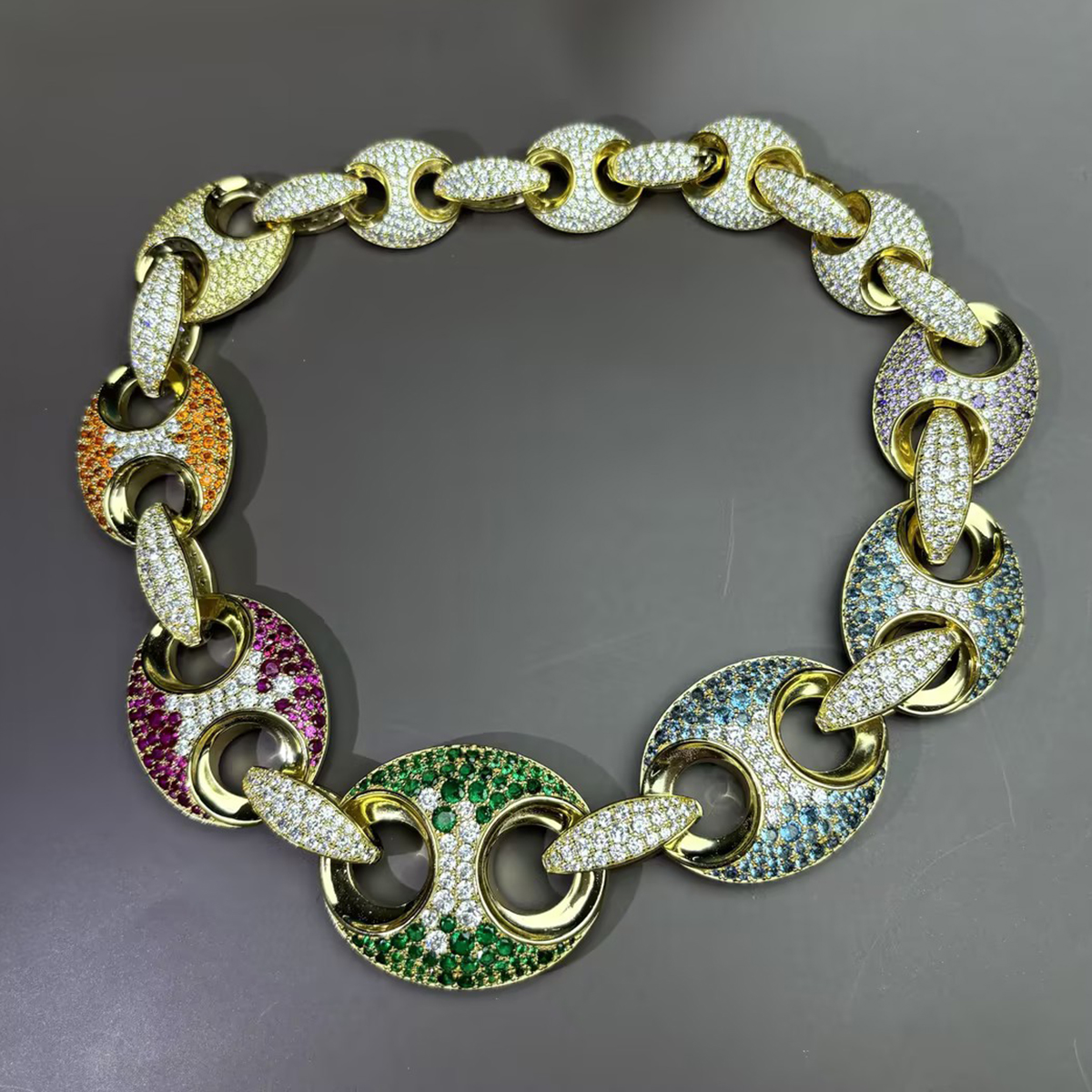 Round Cut Multi-Color Sapphire Bold Hip-Hop Necklace