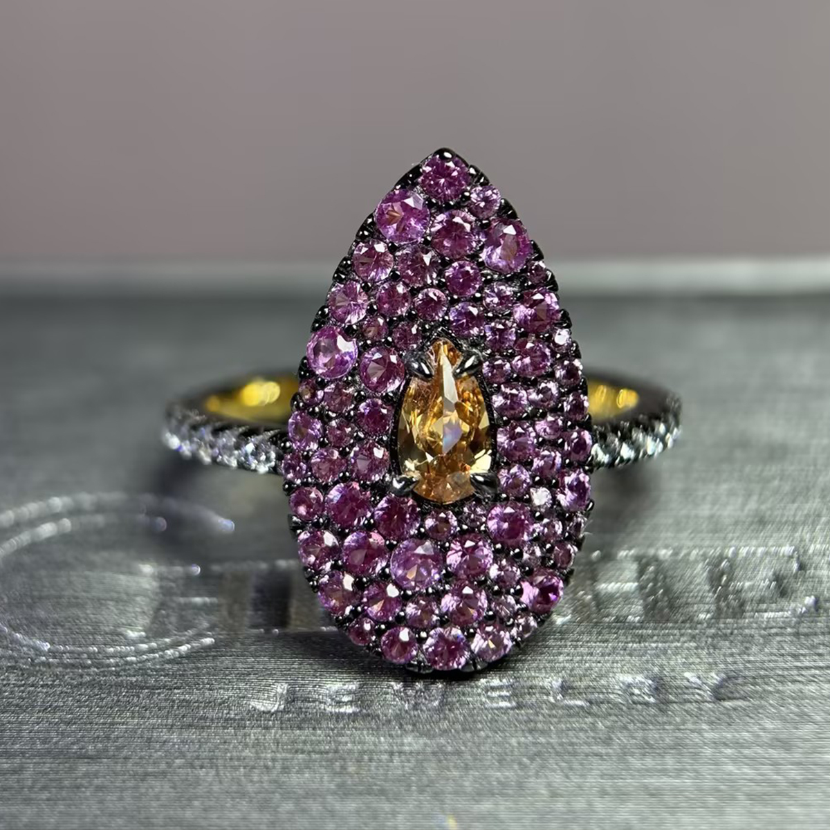 Two Tone 2ct Pear Cut Champagne Sapphire Pave Ring
