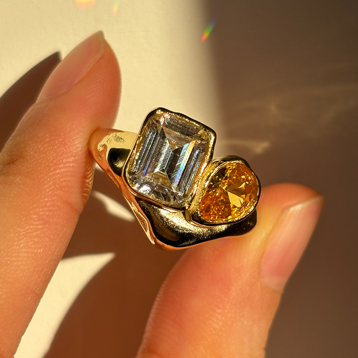 Toi et Moi Yellow & White Sapphire Emerald & Pear Cut Ring