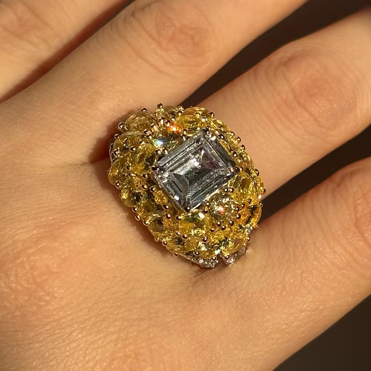 4ct Emerald Cut White Sapphire & Round Cut Yellow Sapphire Ring