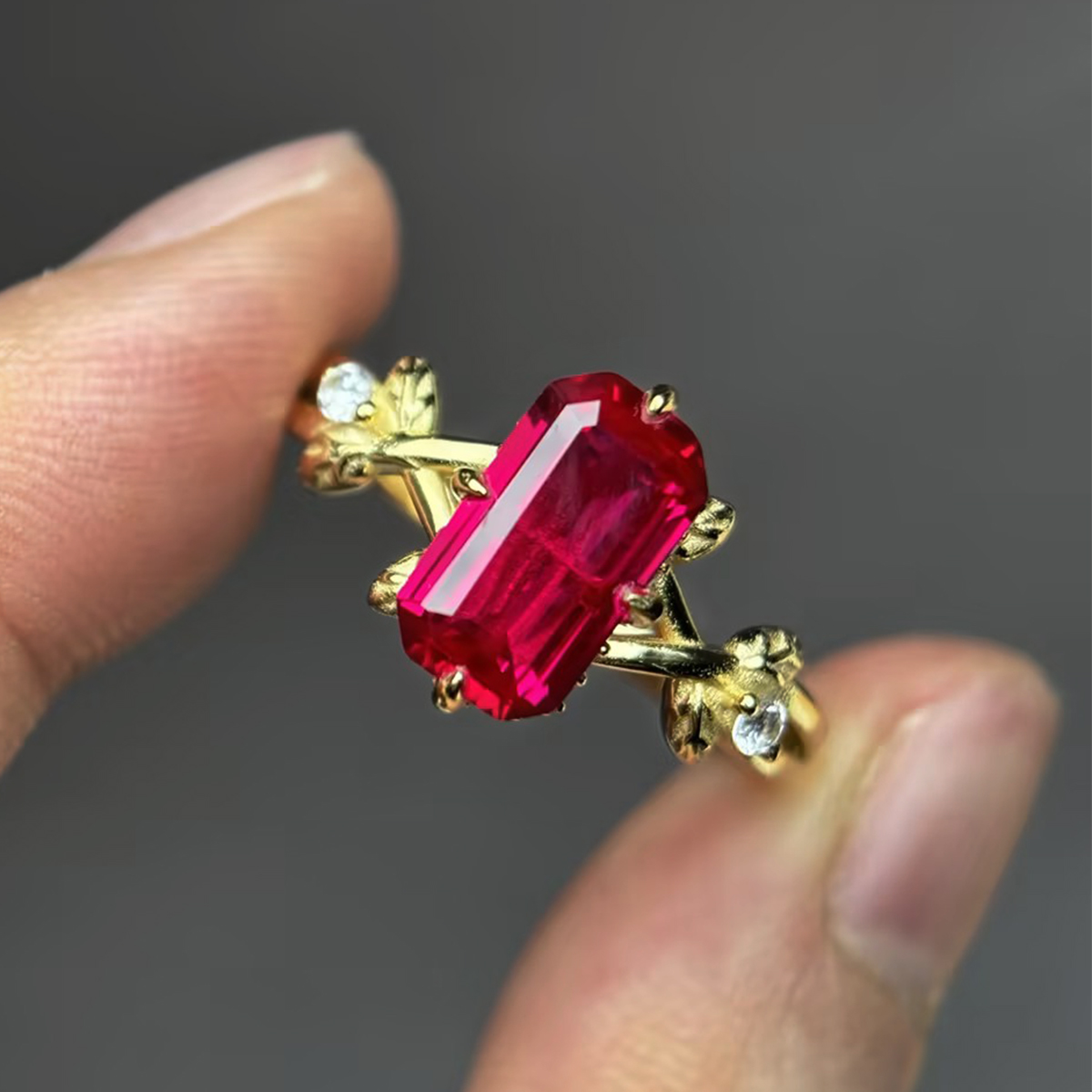 3ct Emerald Cut Ruby Sapphire Vine Engagement Ring