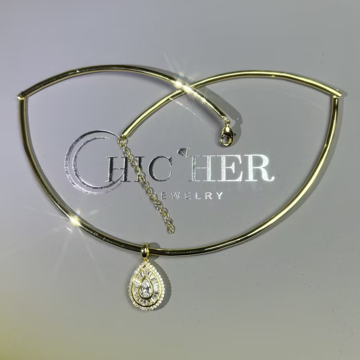 Double Halo Pear Cut White Sapphire Torque Necklace