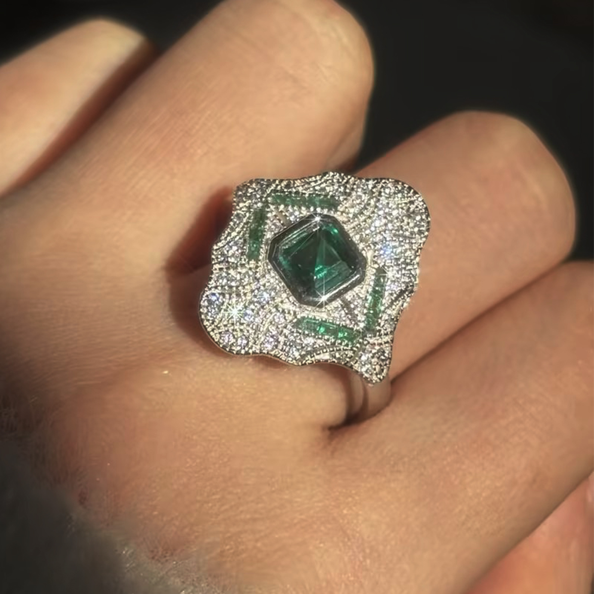 3ct Art Deco Asscher Cut Emerald Sapphire Engagement Ring