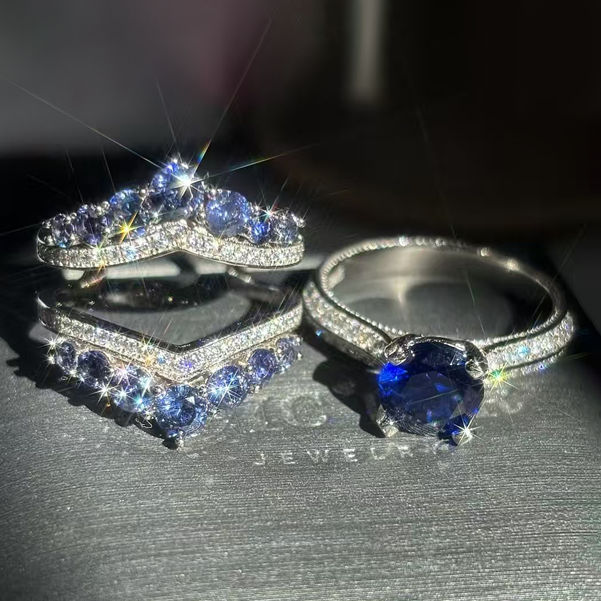 Dramatic Regal 3ct Round Cut Blue Sapphire Ring Set / 2 pieces