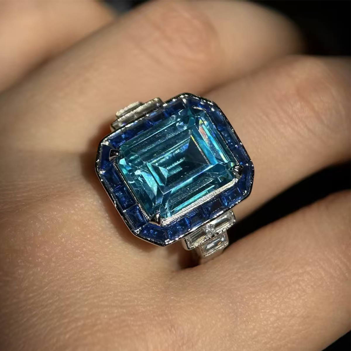 5ct Emerald Cut Aquamarine & Sapphire Cocktail Ring