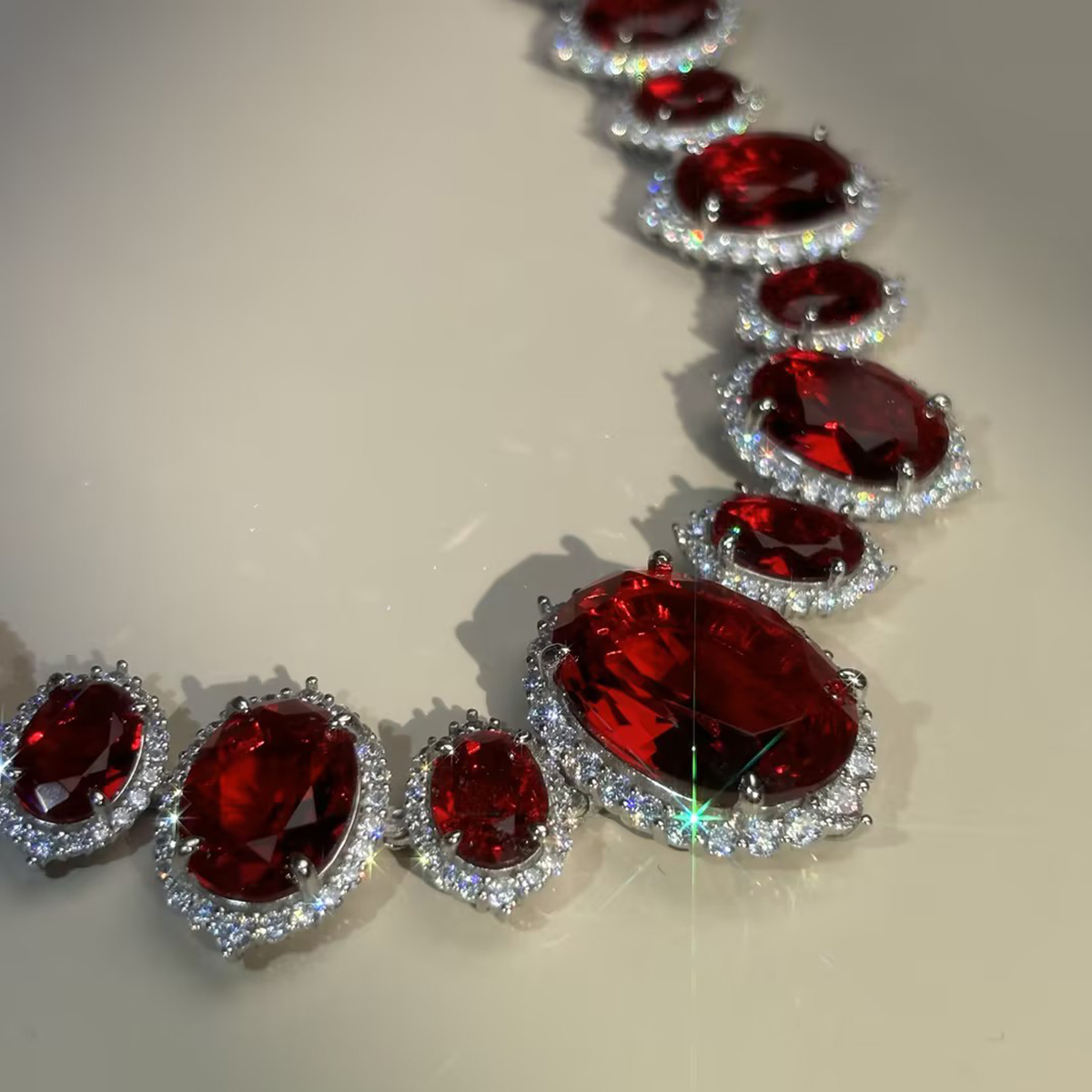 Oval Cut Vivid Red Ruby & White Sapphire Necklace