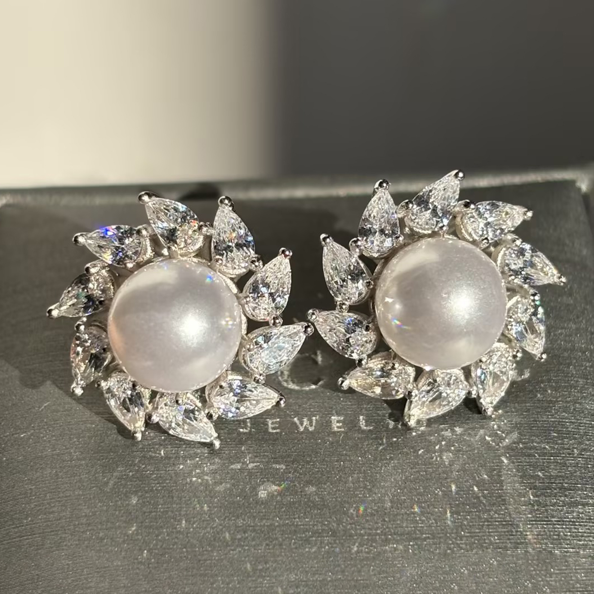 Pear Cut White Sapphire Pearl Stud Earrings
