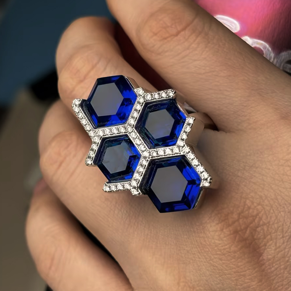 Geometric 12ctw Hexagon Cut Blue Sapphire Ring