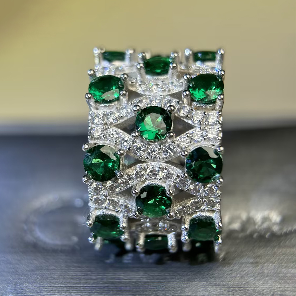 Grid Pattern Multi-Color Sapphire Round Cut Wide Wedding Band