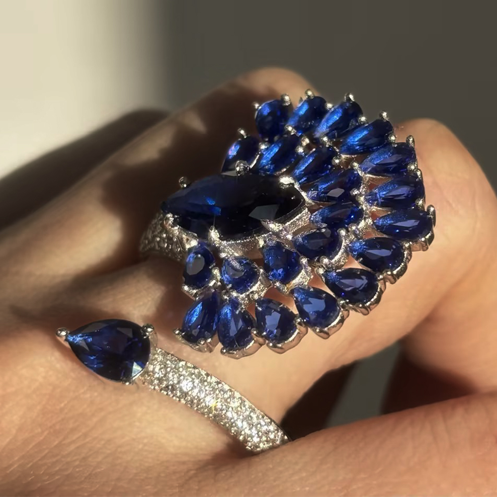 Fan Cluster Blue Sapphire Round & Pear Cut Cocktail Ring