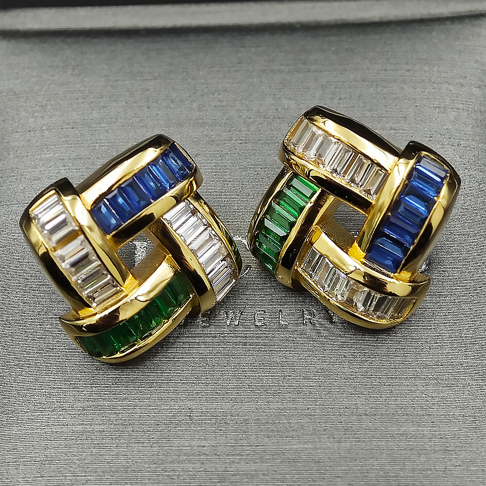 Emerald Cut Three-tone Weave Stud Earrings