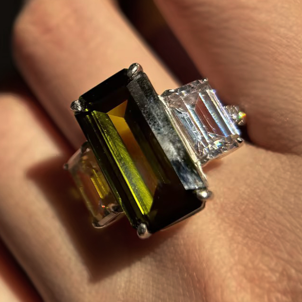 Three Stone 7ct Emerald Cut Deep Peridot Sapphire Ring