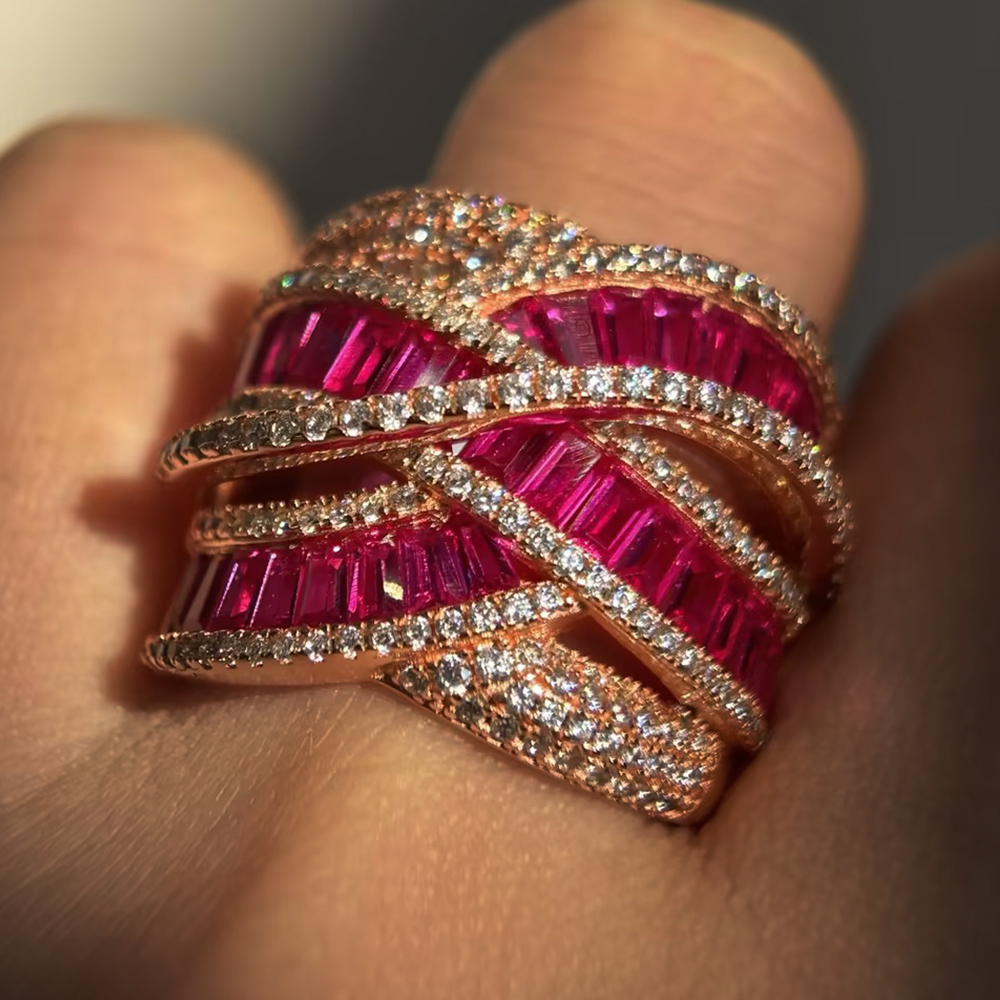 Twisted Pave Ruby & White Sapphire Emerald Cut Multi-Band