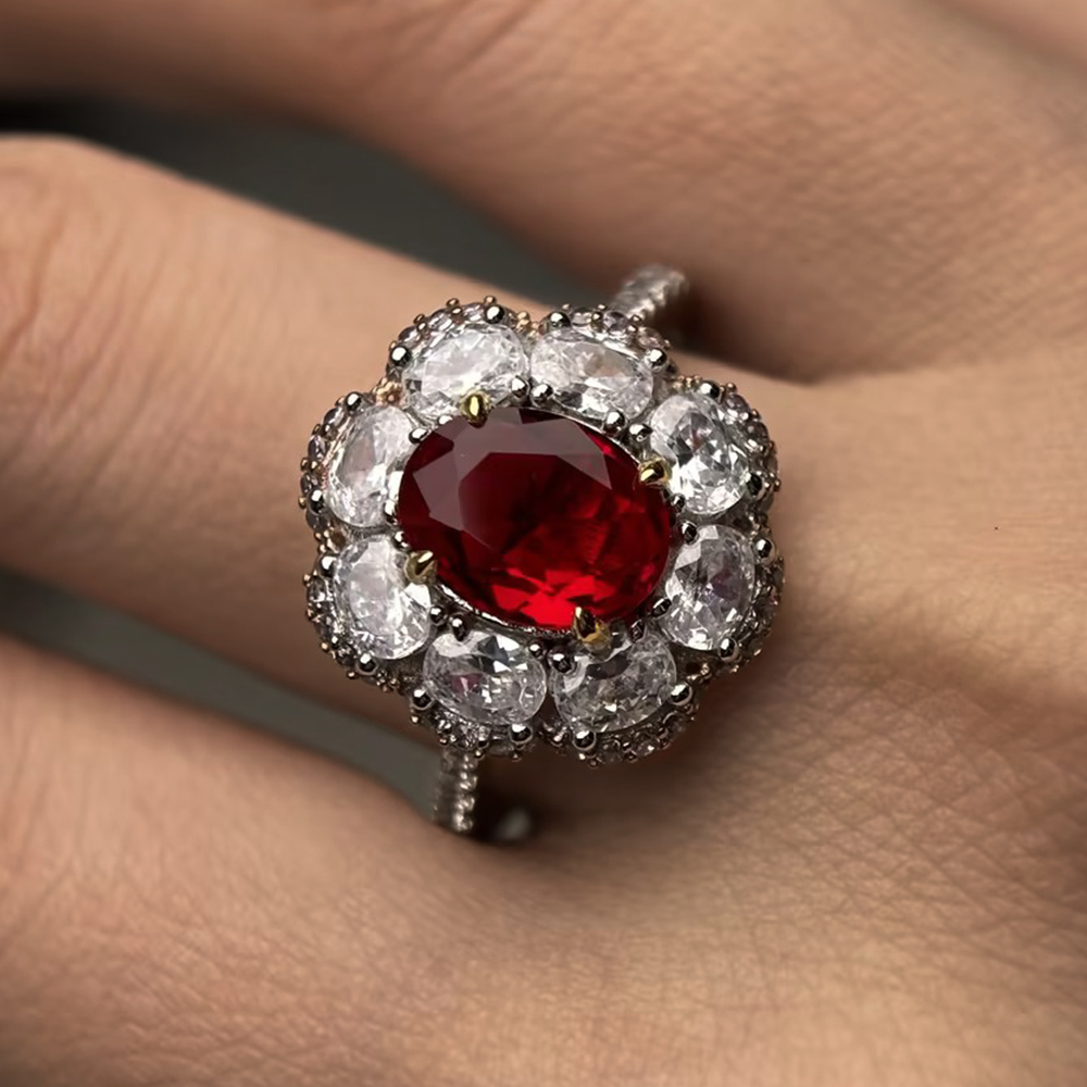 Romantic Floral 3ct Oval Cut Vivid Red Ruby & White Sapphire Statement Ring