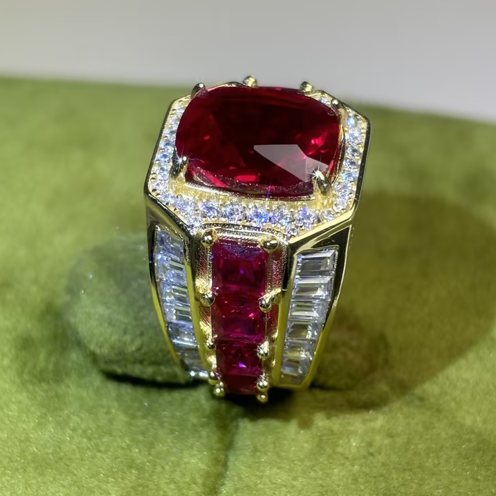 Cushion Cut Ruby & Multi-Cut White Sapphire Men's Ring