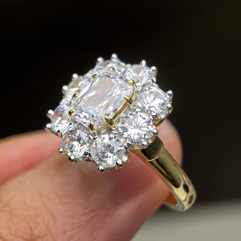 Vintage Cluster White Sapphire Cushion Cut Floral Engagement Ring