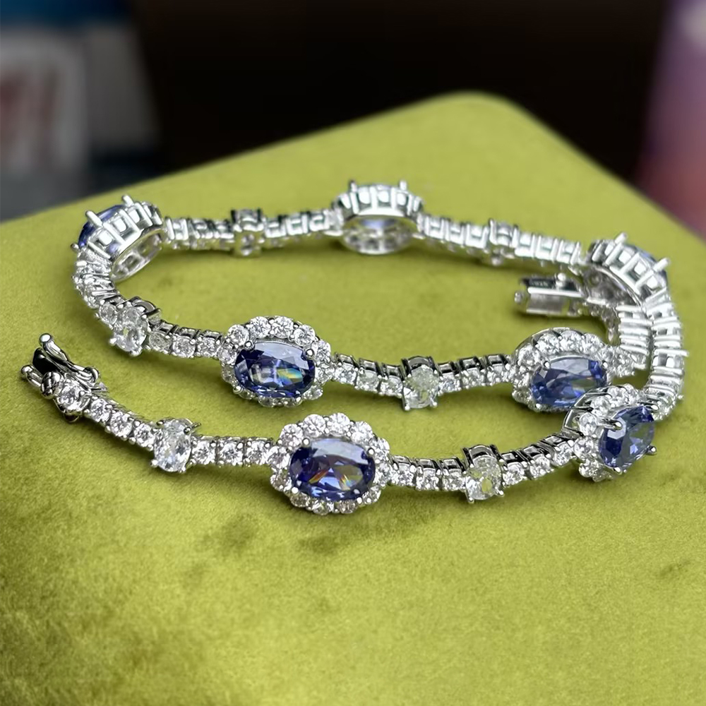 Oval&Round Cut Two-tone Sapphire Chain Bracelet
