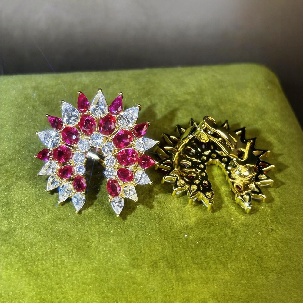 Cascading Ruby & Diamond Cluster Necklace-Earring Set