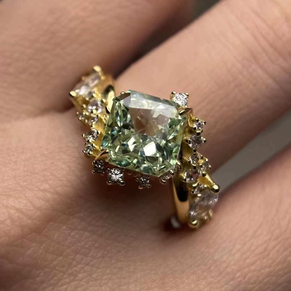 3ct Cushion Cut Mint Green Sapphire & White Sapphire Asymmetrical Cluster Ring