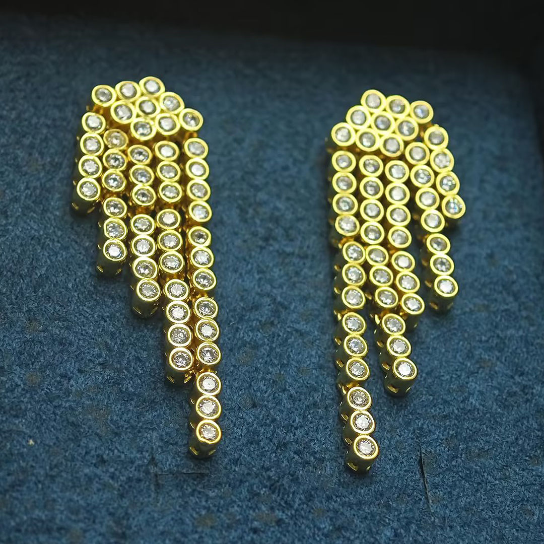 Round Cut Bezel Setting Five Lines Diamond Dangle Earrings