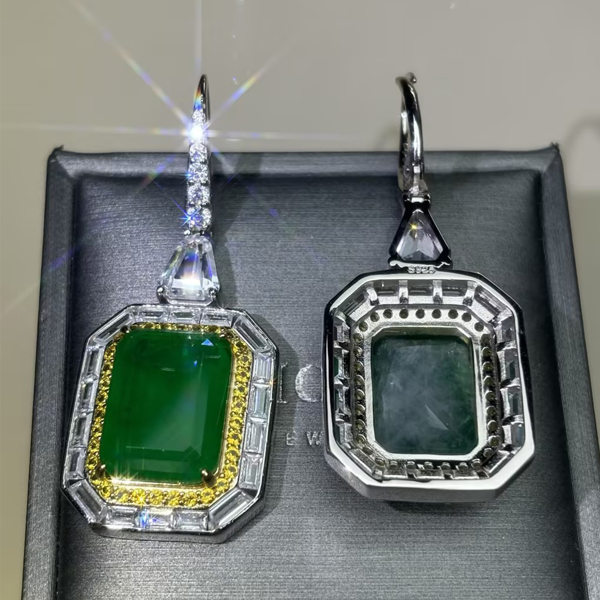 Emerald Cut Halo Peridot Drop Earrings