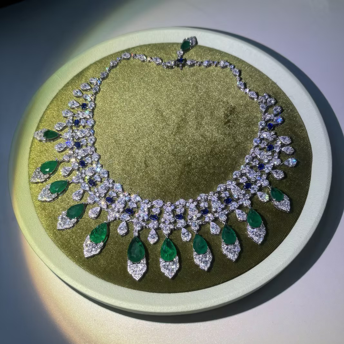 Emerald, Sapphire & White Sapphire Royal Fringe Choker Necklace