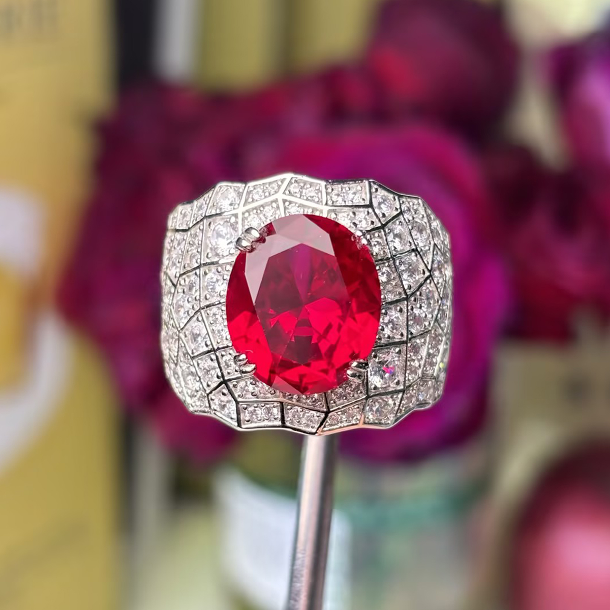 Luxe Grid Pattern Ruby Oval Cut & Pave Diamond Accents Cocktail Ring