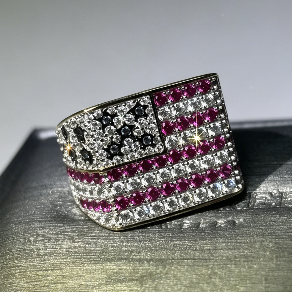 American Flag Motif White Sapphire Statement Band for Men/Women
