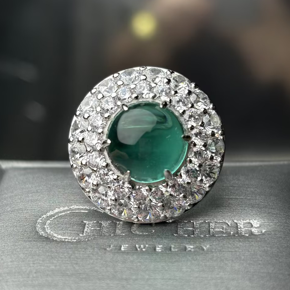 7ct Cabochon Paraiba & White Sapphire Halo Cocktail Ring