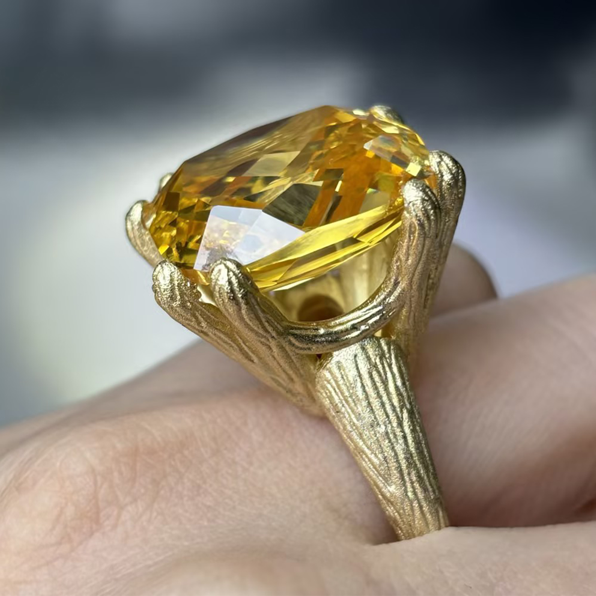 Vintage Antique Gold Large Cushion Cut Citrine Solitaire Ring