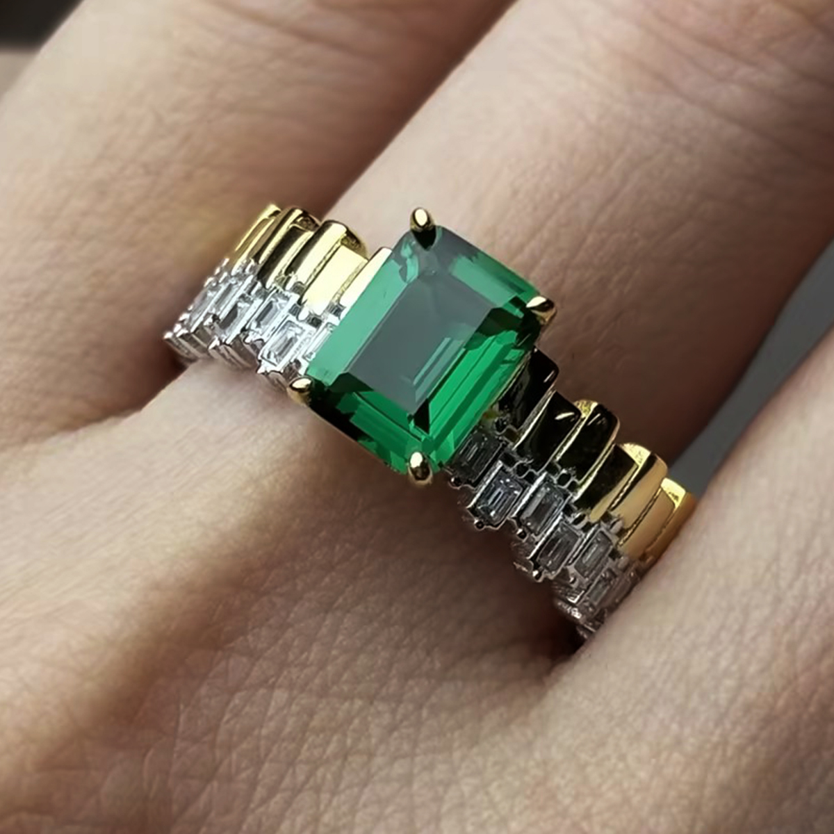 Original Design - 3ct Emerald Cut Emerald Sapphire Engagement Ring
